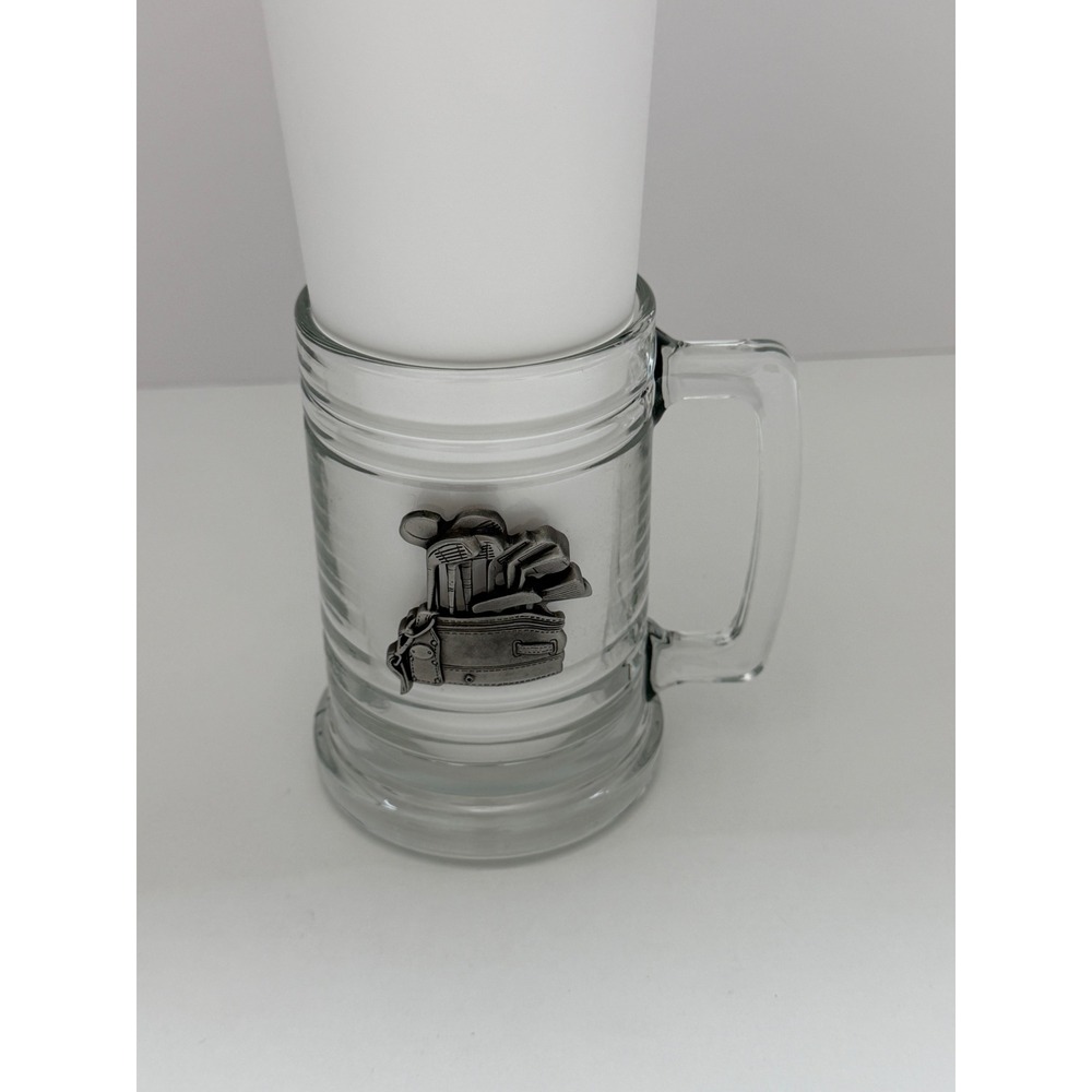 Golf Bag Beer Stein Clear Glass Mug Pewter-Tone Emblem Barware